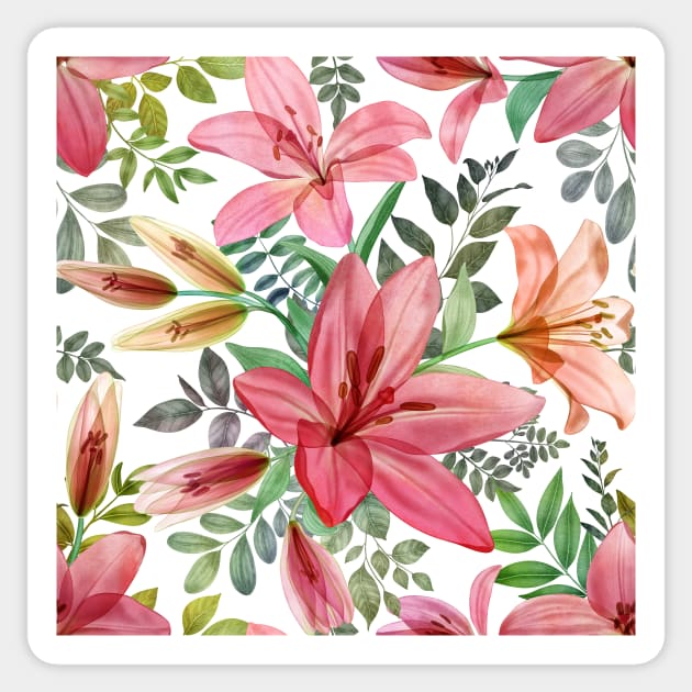 Transparent Lilly flowers and leaves watercolor seamless pattern. Translucent Summer tropical bouquets. Spring blossom garden Sticker by likapix